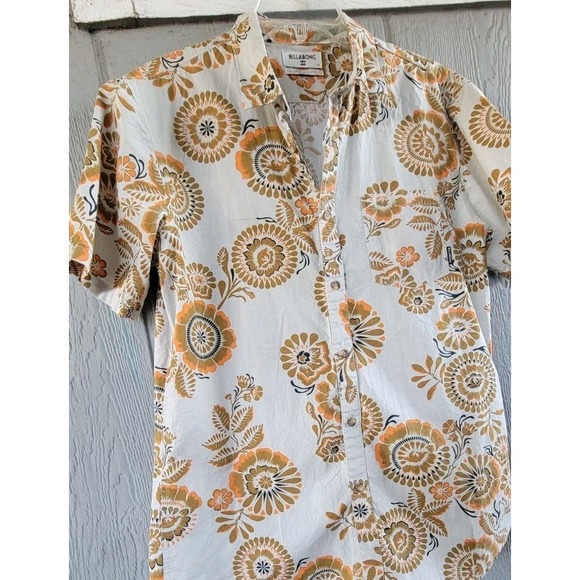 Billabong Mens Large Button-Up Orange Brown Groovy Floral Hawaiian Surfer Y2K - Picture 2 of 10
